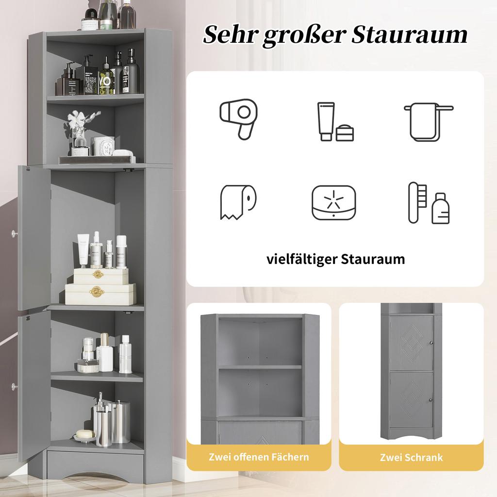 Badezimmerschrank, Eckschrank mit zwei Staufächern, Offenes Fach mit verstellbarem Einlegeboden, 36,5 x 36,5 x 155 cm, Hellgrau