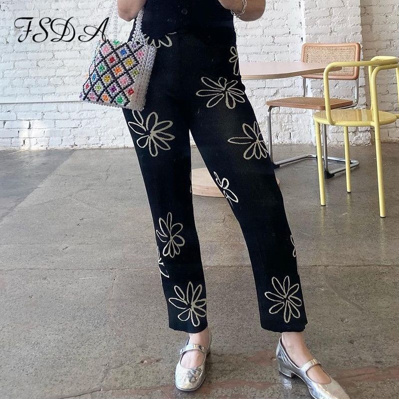 

Wool Knitting Loose Pants Female Beach Spring/Summer High Waist Straight-Leg Pants Chic Loose All-Matching Casual Pants Female Black L