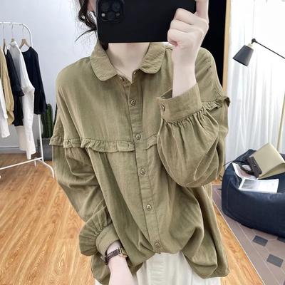 Elegant Women Cotton and Linen Shirts Fashion Casual Long Sleeve Wooden Ear Edge Tops Blouses Spring Summer Ladies Shirts