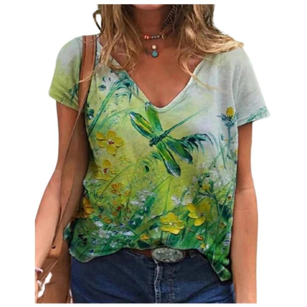 Casual Summer T-shirt 2025 New Women's 3d Floral Print T-shirt Ladies Street Wear Short-sleeved V-neck Top