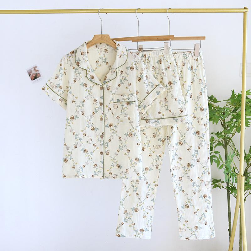 Neuer Damen Frühling Sommer Pyjama Set 100% Baumwolle Kurzarm+Shorts+Lange Hose Dreiteilig Dünn Süße Heimtextilien