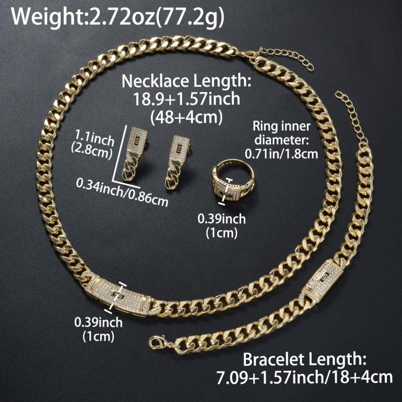 18K Gold Plated Cuban Chain Jewelry Set With Rhinestone Accents Women Necklace Bracelet Earrings