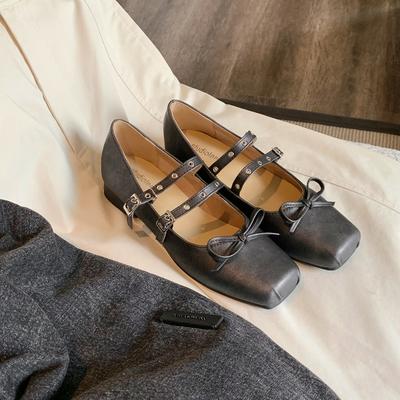Schafslederversion~ Quadratkopfschleife Doppelverschlussgürtel flache Mary Jane Schuhe Damen flache Ledereinzelschuhe