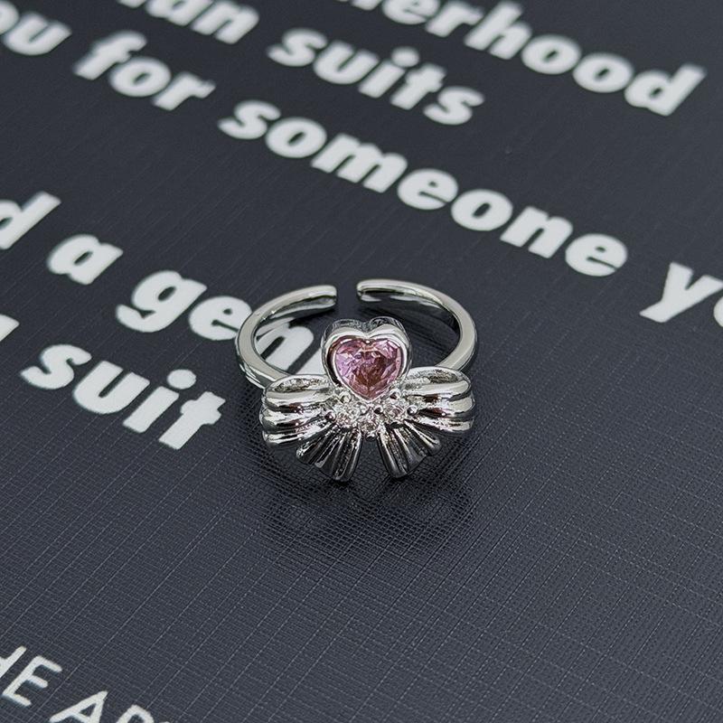 Süßer Mädchenstil Silber-Rosa Diamantenbesetzter Schatz Schleife Stern Krone Offener Ring Nische Stapelring Frau