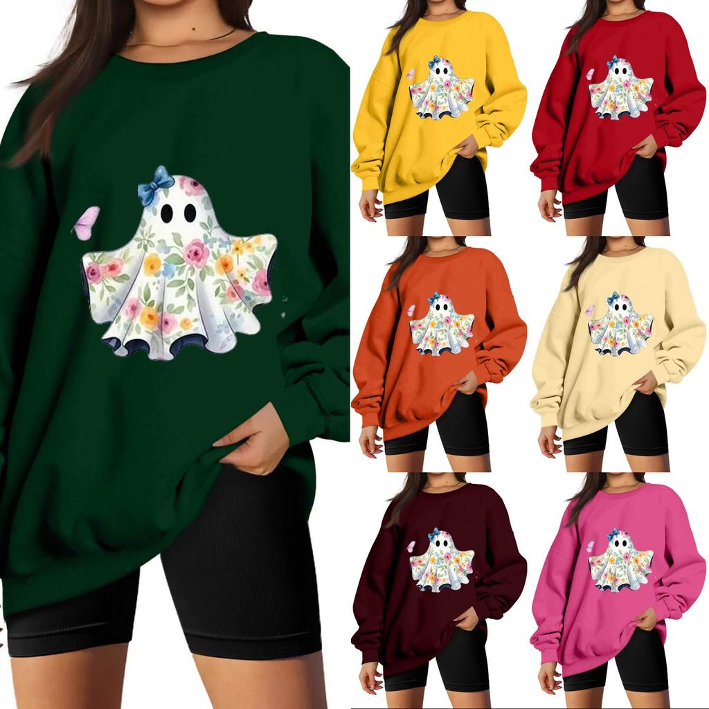 Women's Color Long Sleeve Neck Sweatshirt with Halloween Print Casual Loose Fit Pullover Top