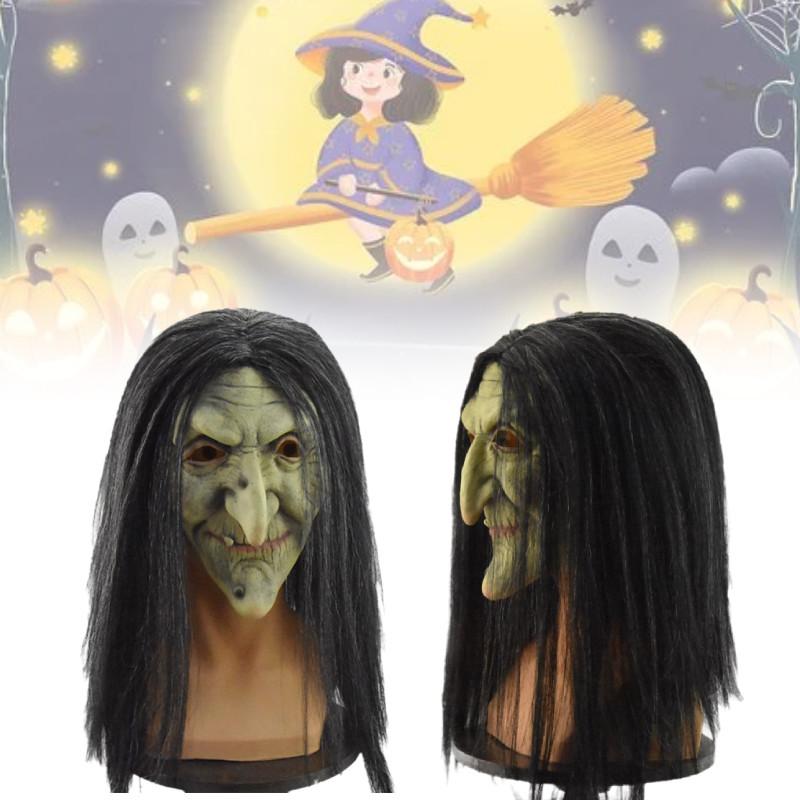 Classic Evil Witch Latex Mask For Halloween Party Costume With Scary Black Hair