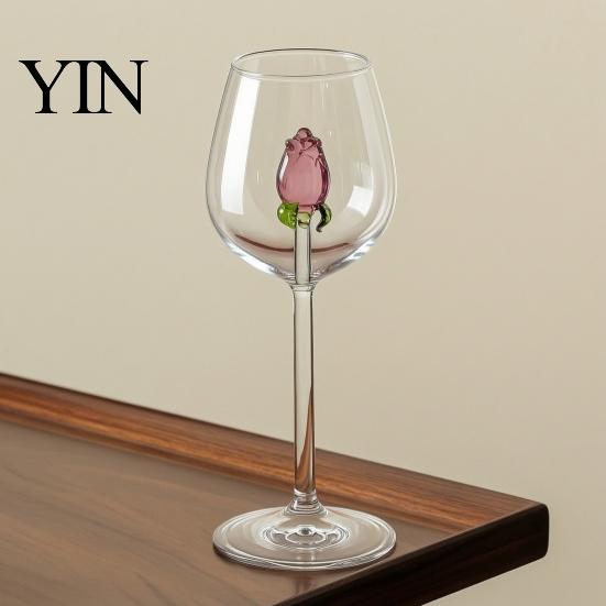 Rose Decorated Goblet Red Wine Glass with Roses And Green Leaves Decorated, Clear Romantic Cups Decorative Glass, Elegant Crystal for Dinners Parties