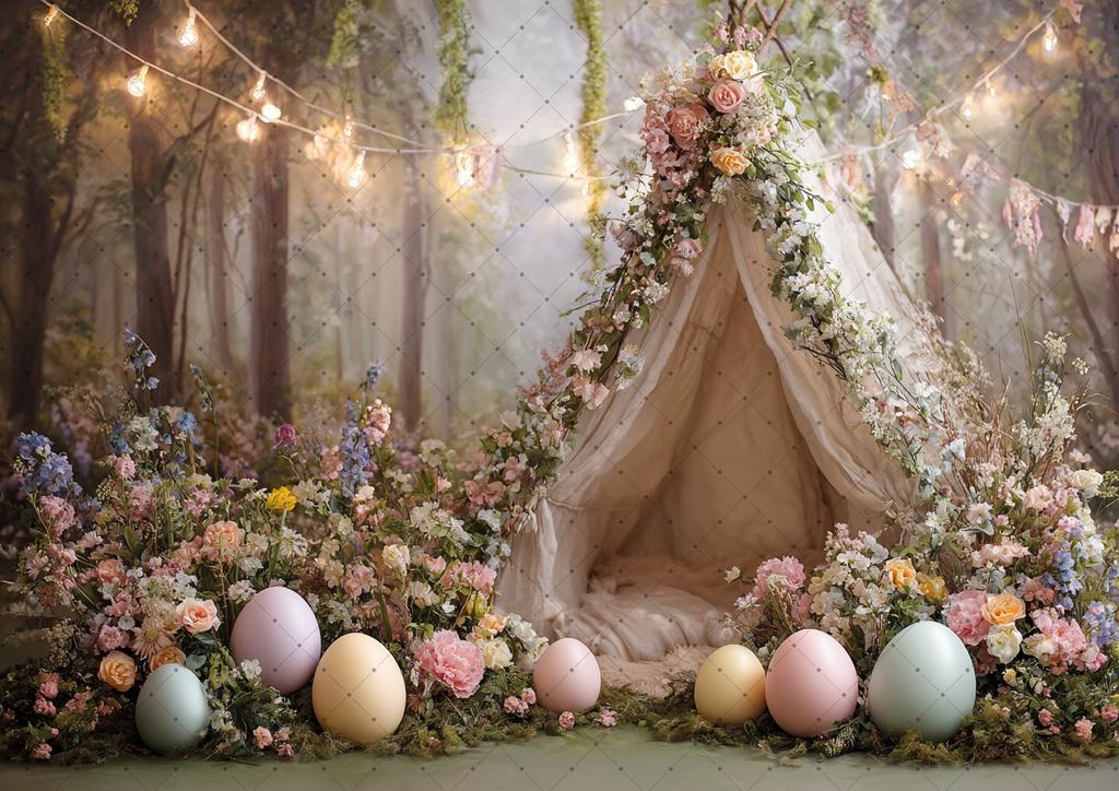 Spring Easter Photography Background Boho Tent Colorful Eggs Flower Baby Shower Birthday Party Decor Kid Portrait Photo Backdrop