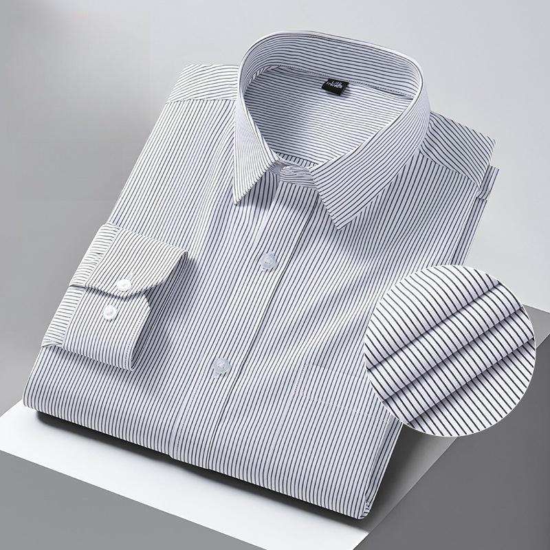 Men Formal Shirt Long Sleeve Office Solid Color Striped Anti-Wrinkle Fashion Business Pocket White Social Shirt Men's Clothing