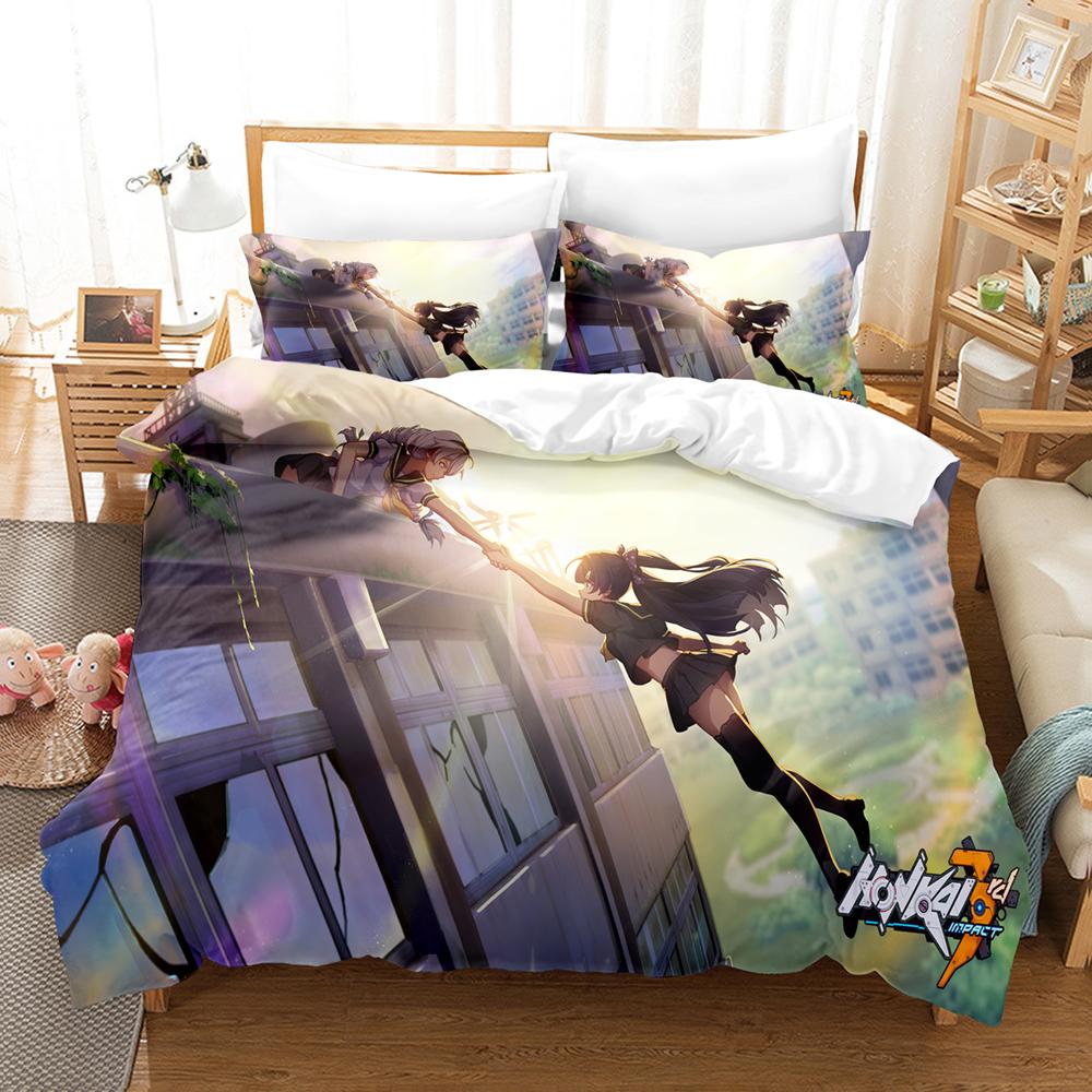

Постельное белье Honkai Impact 3rd Односпальный Полуторный Двуспальный Квинсайз Кингсайз Комплект постельного белья Взрослый Детский Спальня Пододеяльник Комплекты 3D Принт Каваи Аниме EU single(135x200cm)