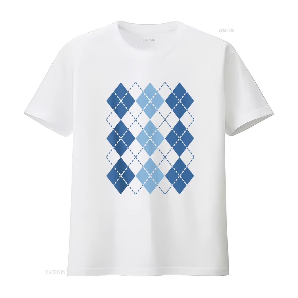 Mens Preppy Plaid Argyle Stylish Fun Faux Sweater Design T Shirt White 3X Large vintage Washed Unisex Casual streetwear homme