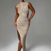 Womens Sleeveless Textured Backless Split Hem Bodycon Maxi Dress 2025 Office Chic