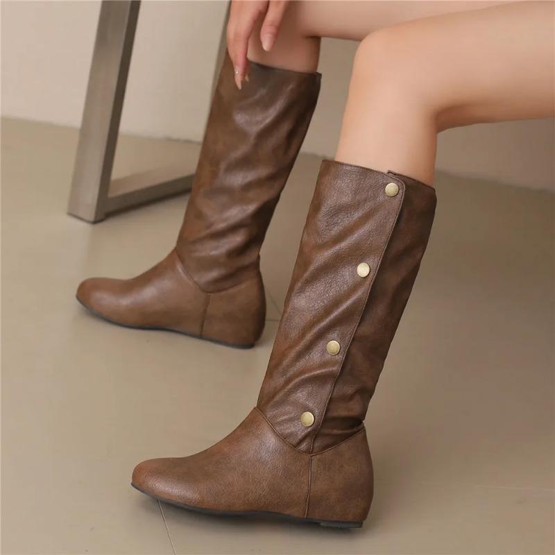 Women Boots 2025 Winter New Fashion Casual Mid Calf Boots Round Toe Buckle Plus Size 34-50 Lady Shoes Rivet Metal Decoration