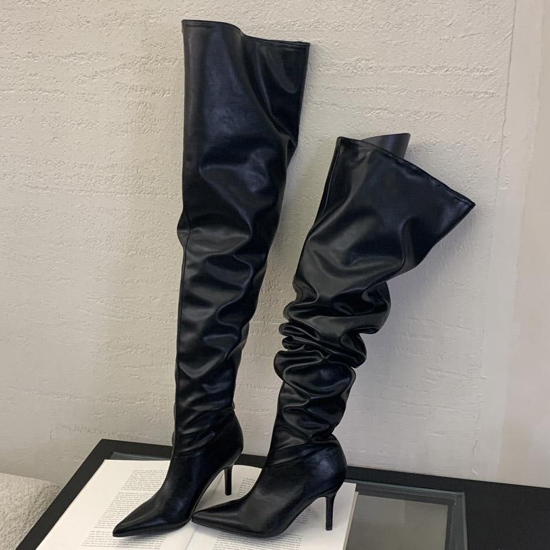 Zimní móda Plisované špičaté dámské kozačky nad koleno Dlouhé motorkářské kotníkové boty Sexy tenké vysoké podpatky Boty