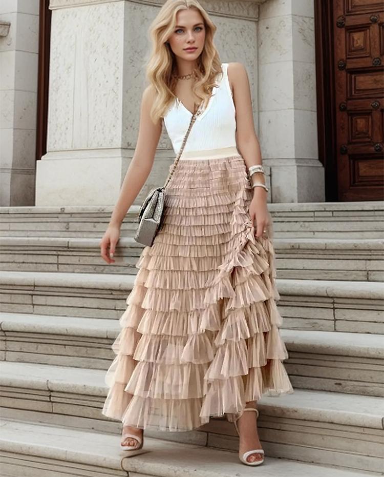 Pevná vícevrstvá volánová sukně ze síťoviny dámské boho vysoký pas dlouhá maxi tylová sukně jaro léto párty dámské oblečení