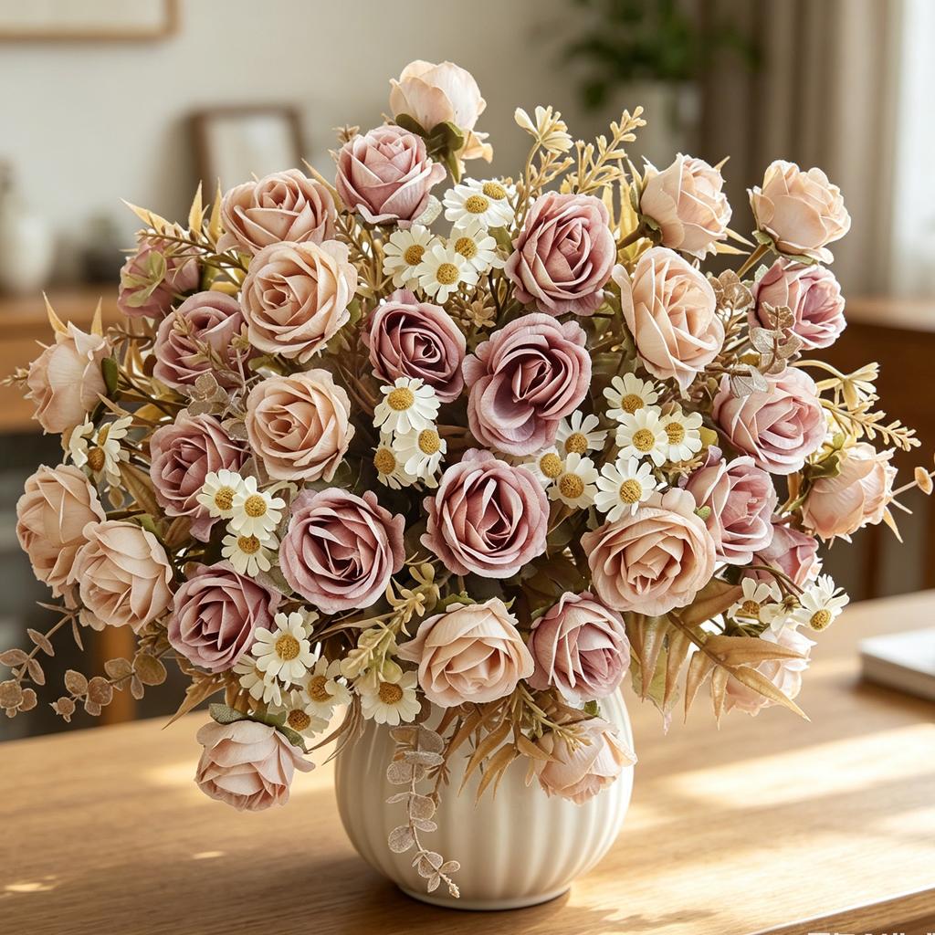 Silk Roses Artificial Flowers Wedding Home Room Dining Table Cala Wreath Beautiful Bridal Bouquets Table Centrepieces DIY Gifts