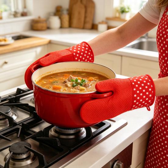 2Pcs Non-Slip Silicone Oven Gloves Heat Resistant Microwave Mitts for Baking Grilling Heavy Duty Cotton Lined Kitchen Gloves