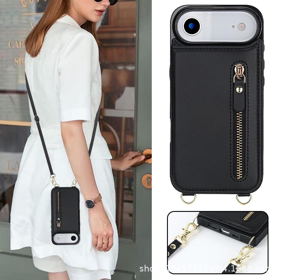 iPhone 17 Pro Max Crossbody Leather Wallet Case with Card Slots & Double Buckle Zipper