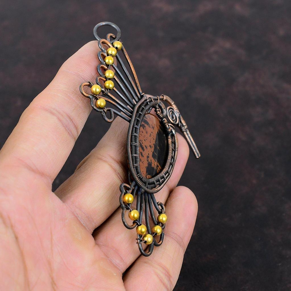 Mahagoni Obsidian Anhänger Kupferdraht umwickelter Anhänger Antik Kupferschmuck Handgefertigt Eleganter Anhänger Edelsteinschmuck Zum Geschenk Vogelanhänger