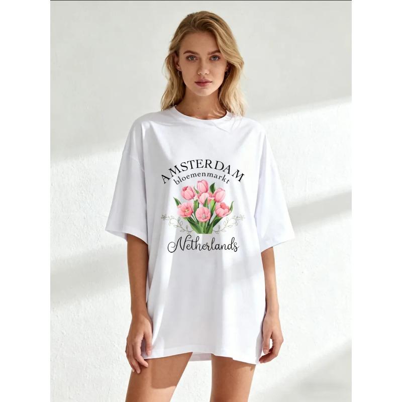 Übergroßes Damen-Kurzarm-T-Shirt mit Amsterdam "bloemenmarkt" Rosa Tulpe & "Netherlands" Textdruck