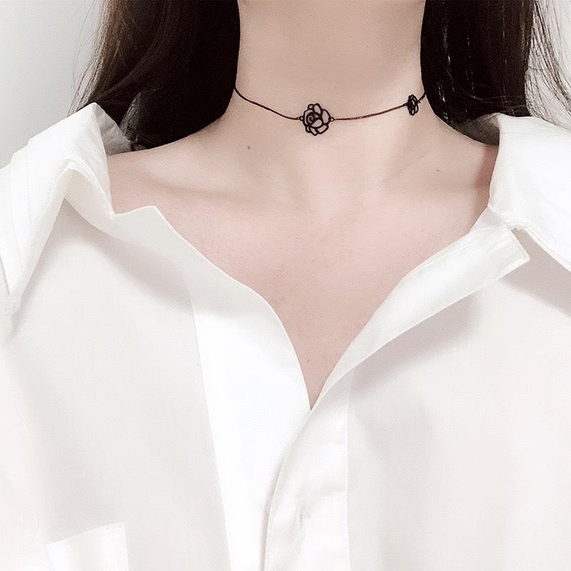 Korean Fashion Dark Black Rose Titanium Steel Clavicle Choker Necklace for Women