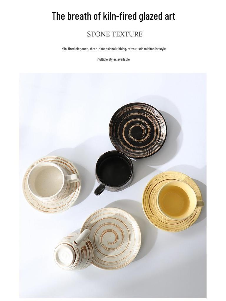 Embossed Ceramic Coffee Cup & Saucer with Brushed Texture - Perfect for Office and Tea Time