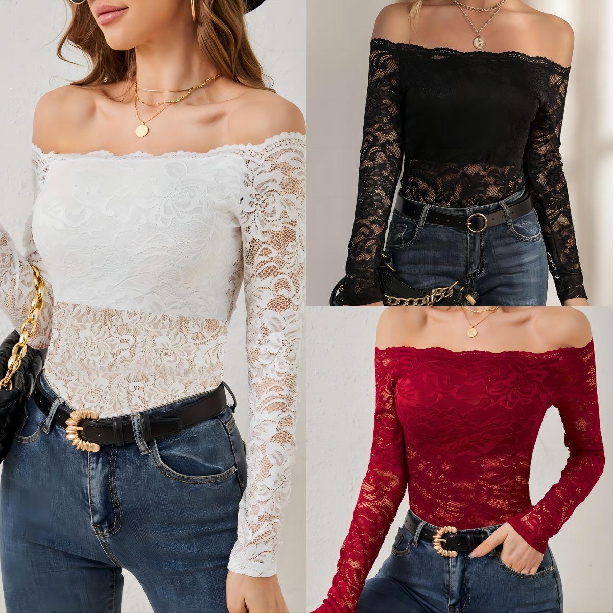 

Elegant Scalloped Collar Edge One-Layer Collar Strapless Lace Slim Slim T-Shirt Long Sleeve Tops Versatile Closet Essential Fashion Items Shirt XXL чорний