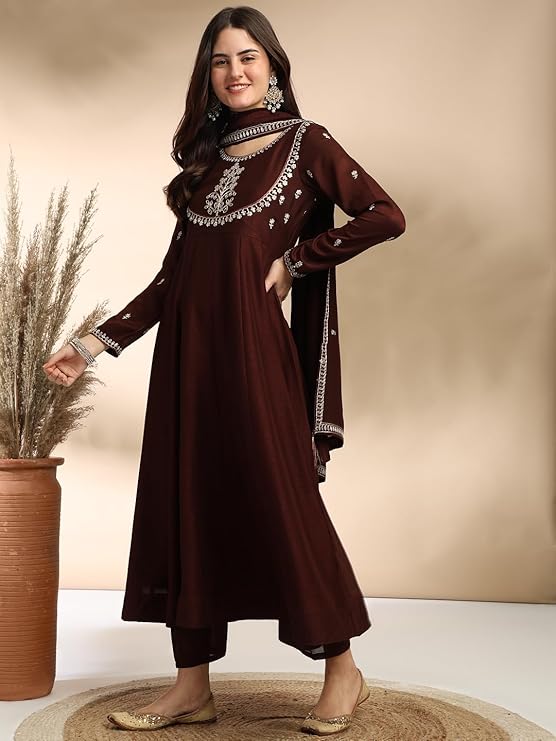 Women's Silk Embroidered Anarkali Kurta and Pant with Dupatta Set | 3 Piece Ethnic Kurta Set for Women