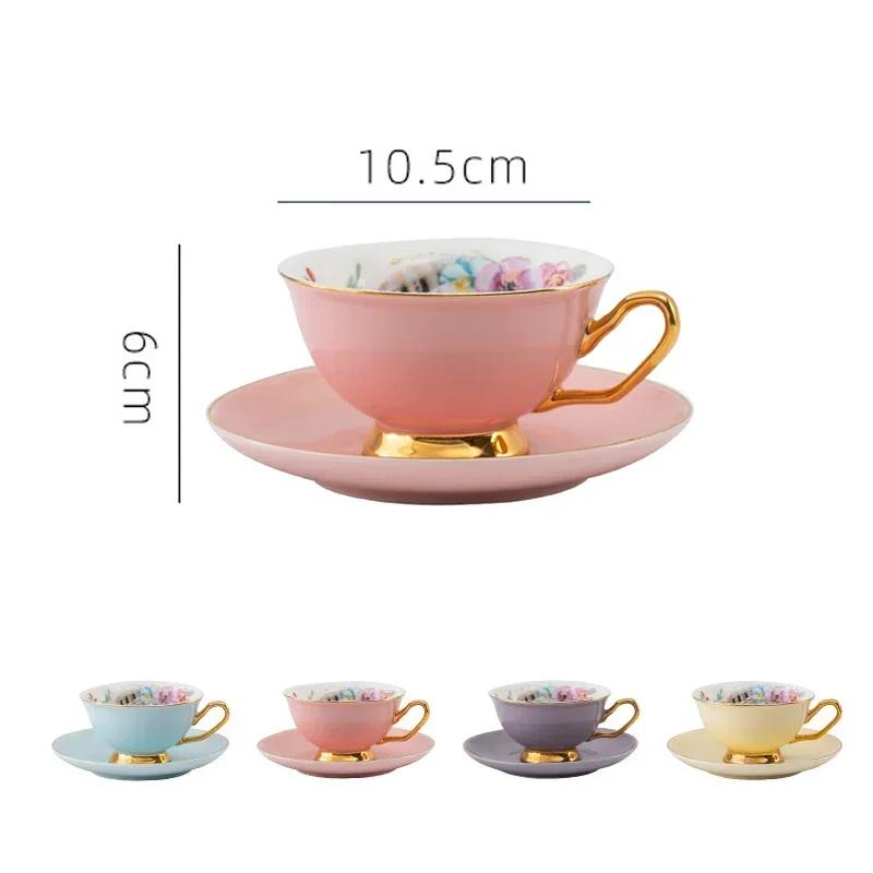 Keramik-Kaffeetasse mit Teller, goldfarben umrandet, farbig glasierte Kaffeetassen aus Porzellan, Nachmittagsteetasse, Blumen-Teetasse, Nachmittagsteetassen
