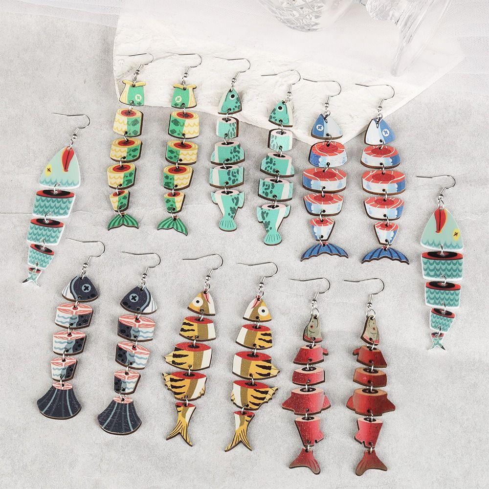 5Pairs Acrylic Wood Salmon Fish Earrings Multi Segment Beach Drop Earrings Fish Drop Earrings  Women