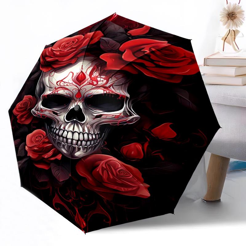 Butterflies Skull and Roses Outdoor Automatic Umbrella Sturdy 8 Rib Durable Plastic Iron Outdoor Daily Use Outdoor Accessory Perfect Gift Friends