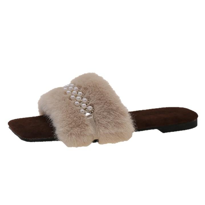 Flat-bottomed French versatile fluffy shoes women's shoes wear 2025 new autumn and winter soft-soled plush cotton slippers