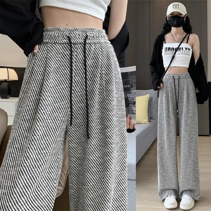 Women s Gray Striped High-Waisted Wide-Leg Pants - Floor-Length Slimming Drapey Trousers Small