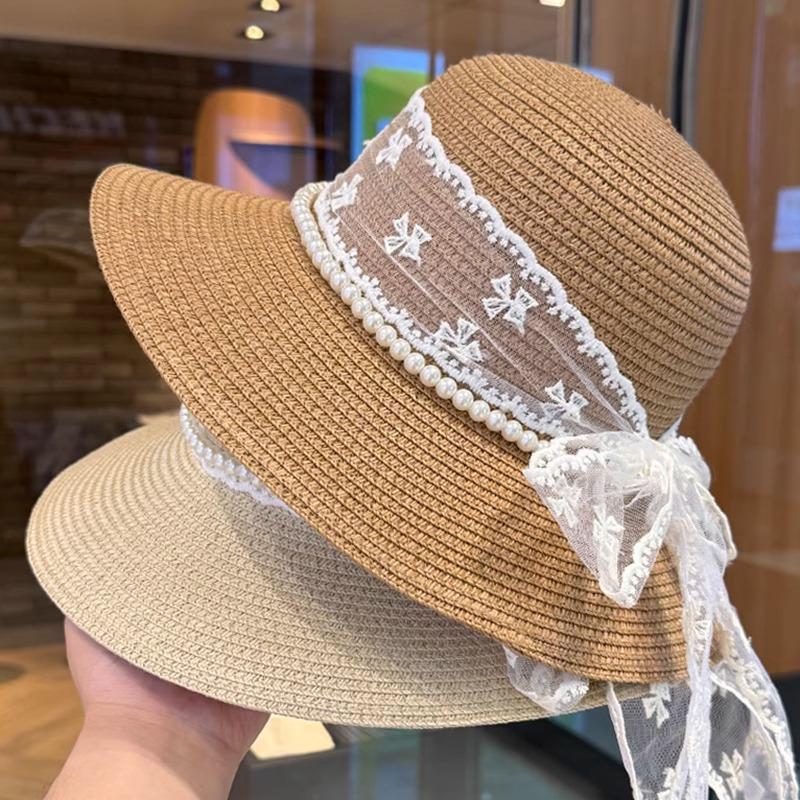 Pearl Lace Bow Straw Hat Women's New Summer Seaside Beach Straw Vacation Wind Sunshade Sunscreen Hat