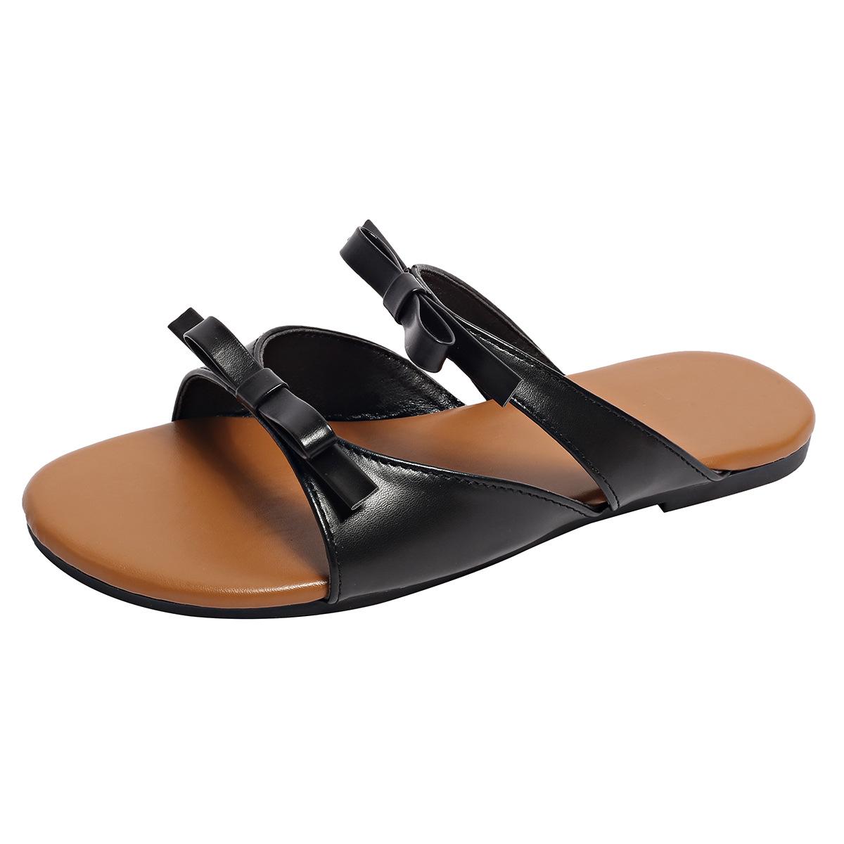 Women s Cross-Strap Bow Flat Mules - Round Toe Beach Slippers, Size 44 37 чёрный