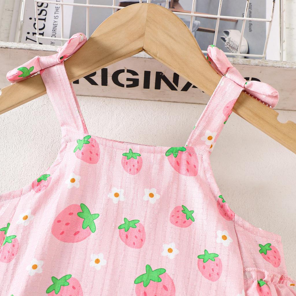Kız Çocuk Günlük Takım Yazlık Çocuk Tatlı Çilek Baskılı Halter Üst Dantel İmitasyon Denim Şort Takım
