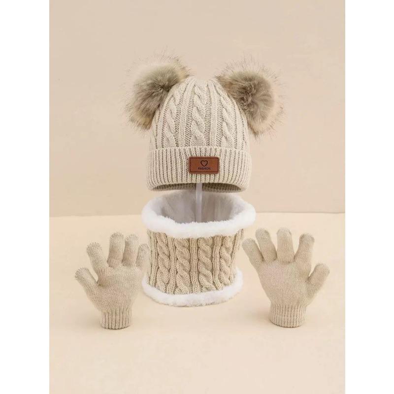 

3 шт./компл., детская зимняя теплая двойная вязаная шапка, шарф, перчатки для мальчиков и девочек, теплый и холодостойкий костюм 51-56cm бежевый