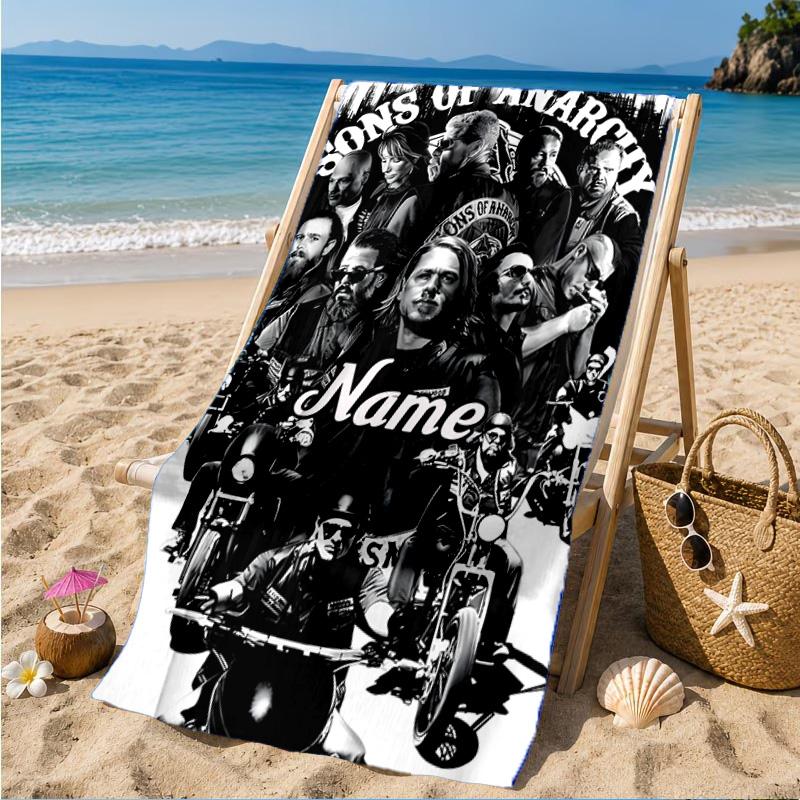 Custom Name Group Portrait Sons Heart In Space Adventure Microfiber Beach Towel, Lightweight for Summer Travel, Swimming Pool Fan Gift