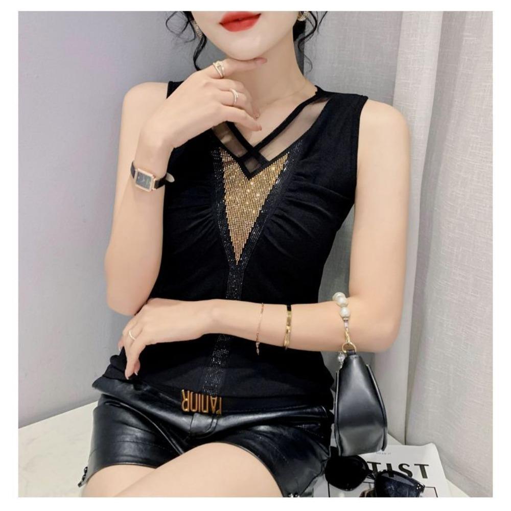 Temperament V-neck Tank Top Women's Fashionable Hot Diamond Mesh Sleeveless T-shirt Women's Western-style Base Top