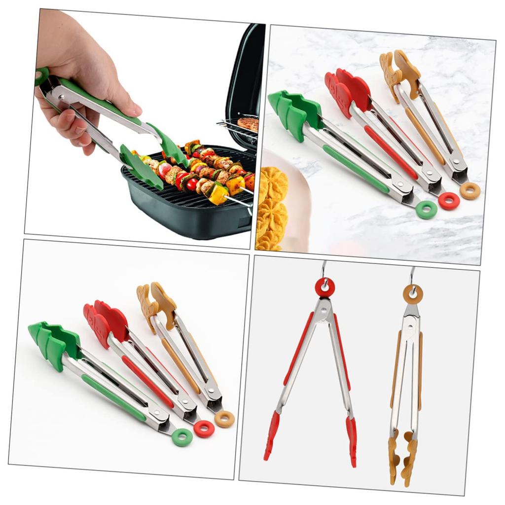 Christmas Food Tongs 6 Pcs Grip Serving Gingerbread Man Tree Nonstick Tip Reusable Bacon Silicone Tongs Meat Server