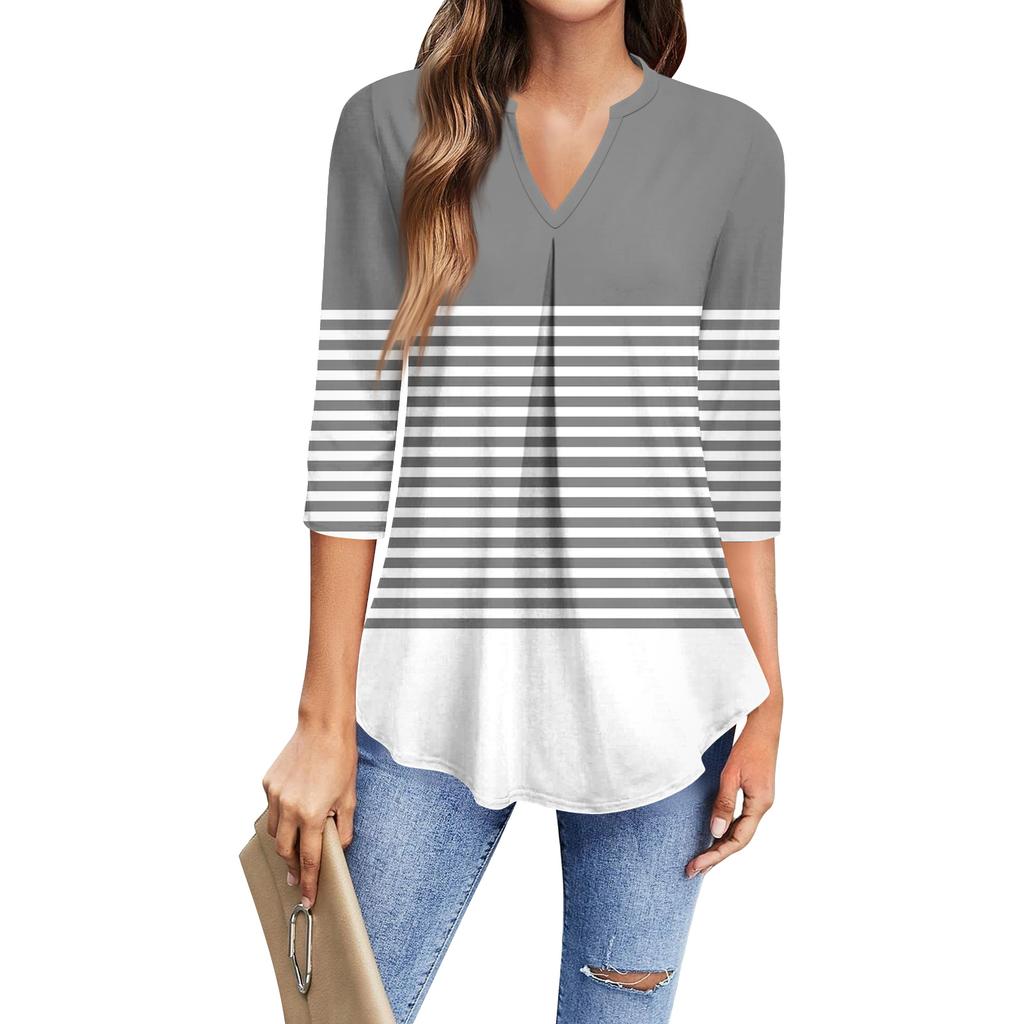 Dámské módní ležérní tričko s tříčtvrtečním rukávem, top s potiskem a výstřihem do V