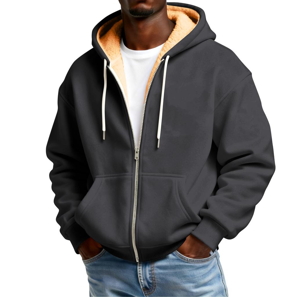 Men's Solid Color Fleece-Lined Zip-Up Pocket Hooded Sweatshirt Cardigan Men's Casual Sweatshirt Cardigan