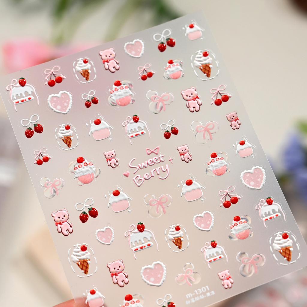5D Pink Blue Bear Dessert Cake Pudding Candy Cane English Slogan Nail Art Stickers Cute Baby Bear Party Embossed Decals
