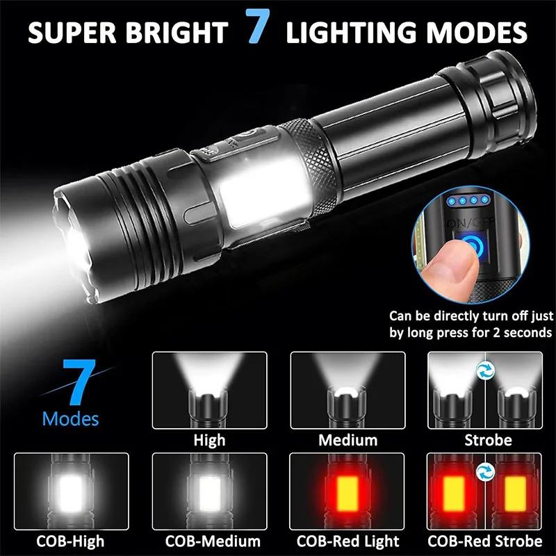 Powerful COB LED Flashlights USB Rechargeable Tactical Torch with Red Light Emergency Zoom Lantern Built-in 18650 for Camping
