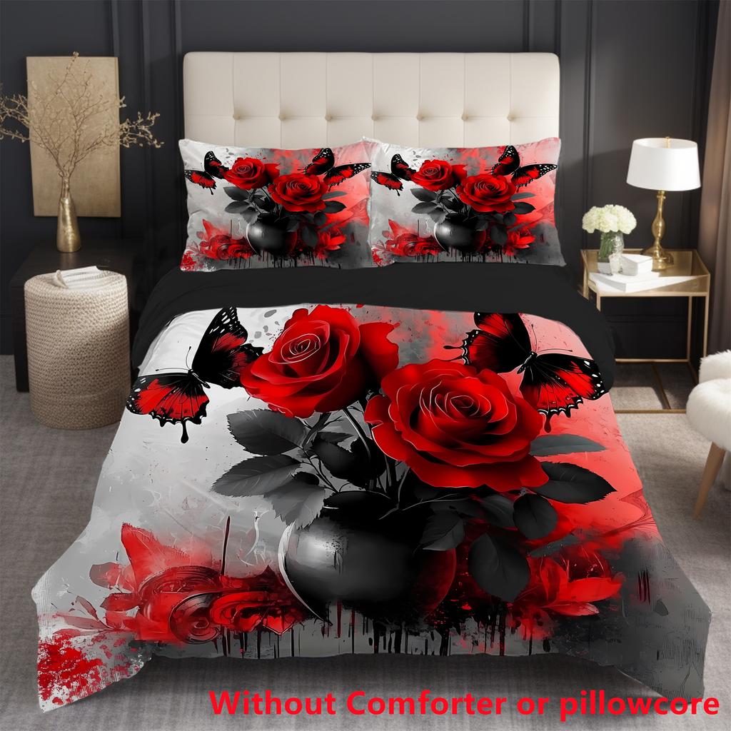 Red Rose Butterfly Pattern 3D Printed Quilt Cover Elegant Beauty Style Bedding Set Luxury Home Textiles Duvet Cover Pillowcases