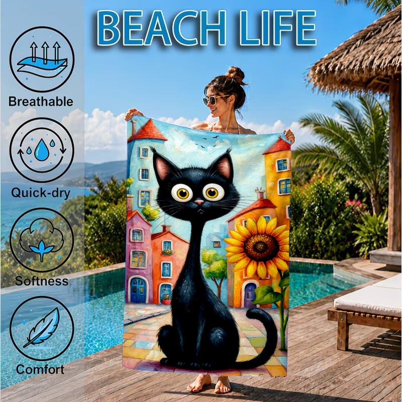 Black Cat In Sunflower Town Beach Towel, Microfiber Beach Towel, Perfect For Pool, Beach, Travel, Home Decor Beach Party Fan Gifts