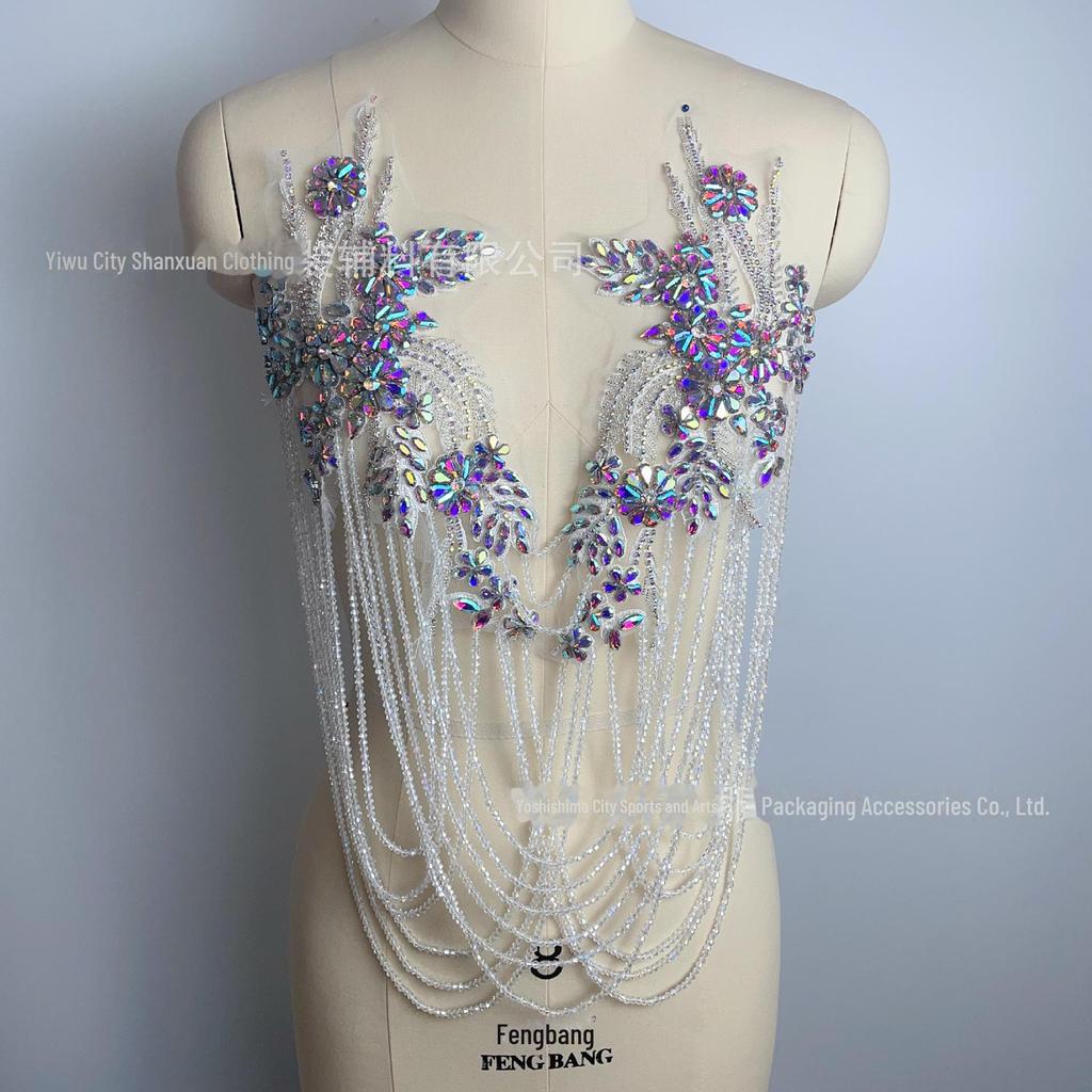 Handmade Beaded Tassel Wedding Dress Shoulder Ornaments with Crystal Diamond Lace Applique
