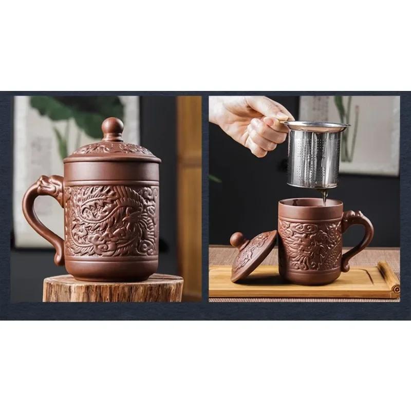 Handgemachte Teetasse aus lila Ton mit Deckel, Yixing-Teetassen mit lila Gitter, chinesische Zisha-Kung-Fu-Teetasse, Büro, Drop Shipping