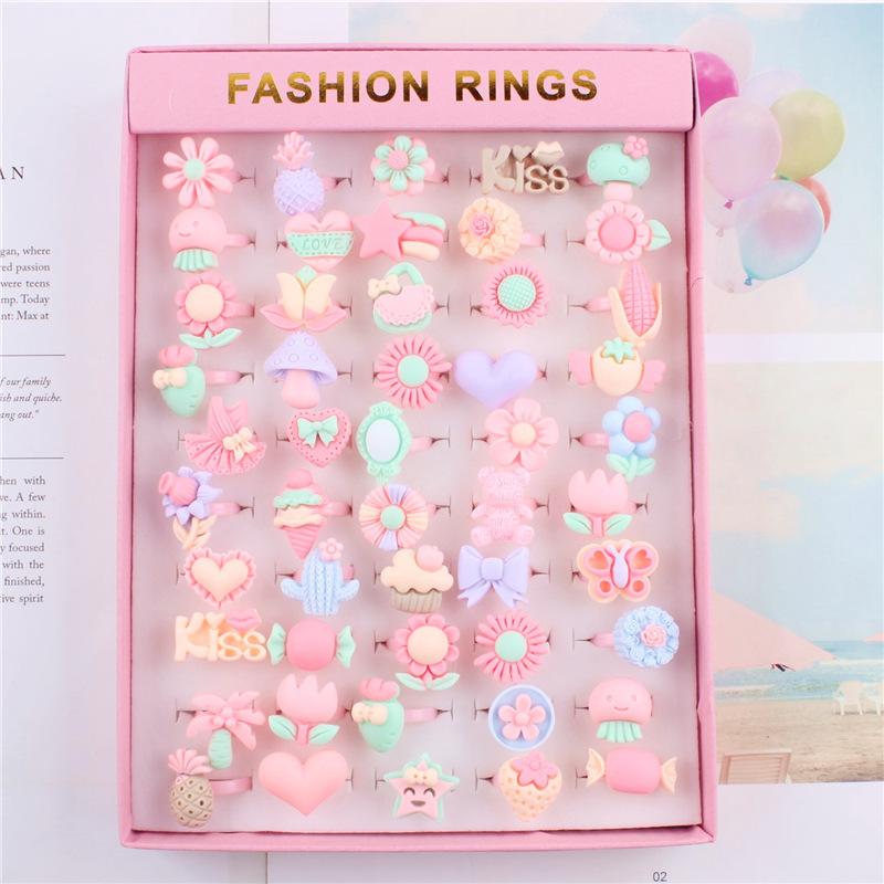 50Pcs Cartoon resin children's ring - Sweet flower ring - Gift box set finger ring - Party gift
