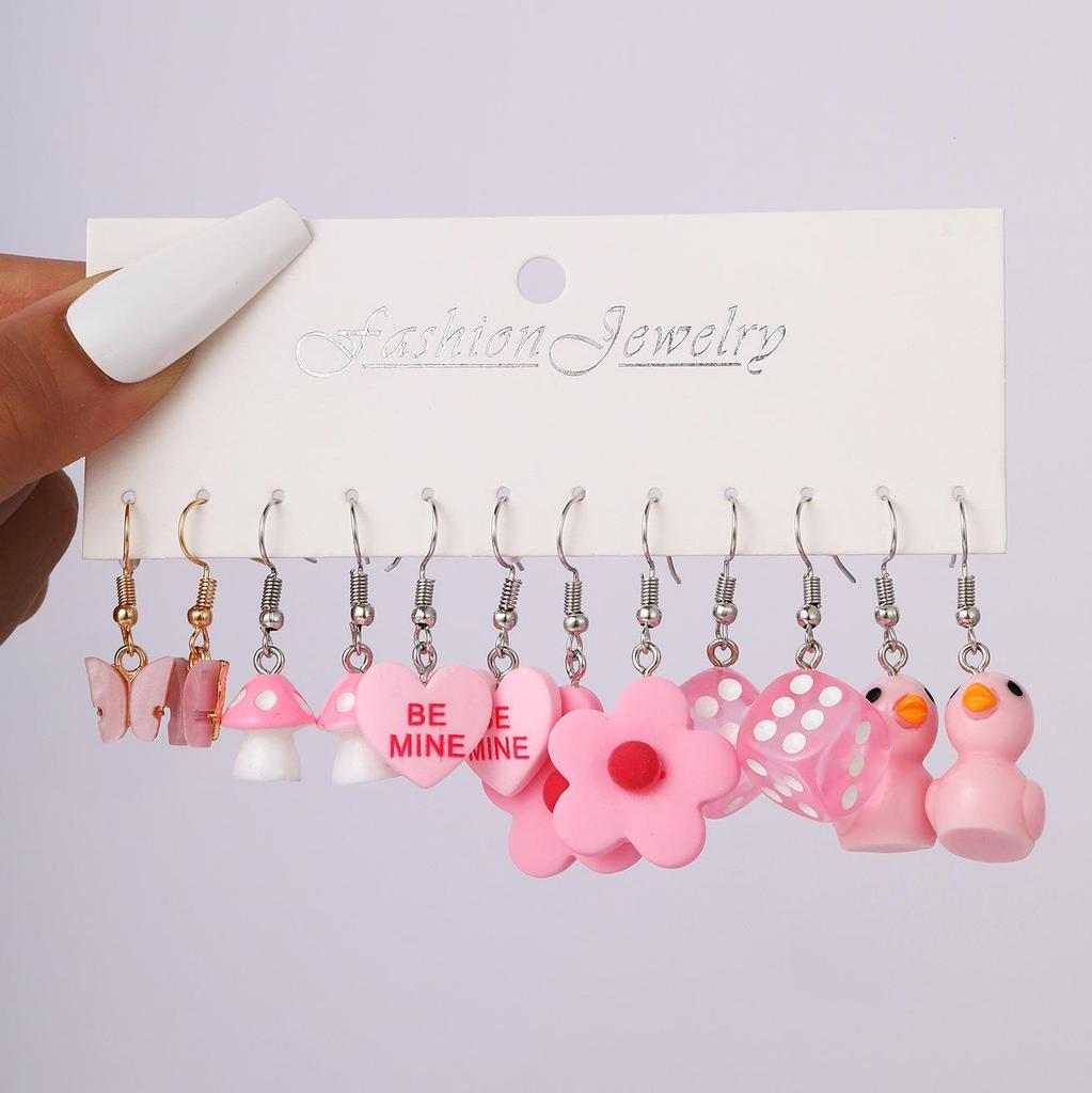 New Fashion Cute Cartoon Pink Earring Set Colorful Dopamine Acrylic Earrings for Women Girls New Trendy Jewelry Accessories Gift